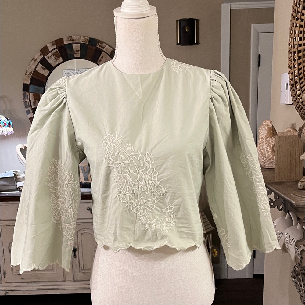 Embroidered Puff-Sleeve Blouse in Light Sage